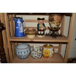 FURNIVALS CERAMIC OIL LAMP WITH METAL MOUNTS, A TOBY JUG AND A 19TH CENTURY JUG WITH CLASSICAL