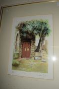 LIMITED EDITION PRINT SIGNED BY DEIRDRE MORGAN, OF A GATEWAY, IN GILT FRAME