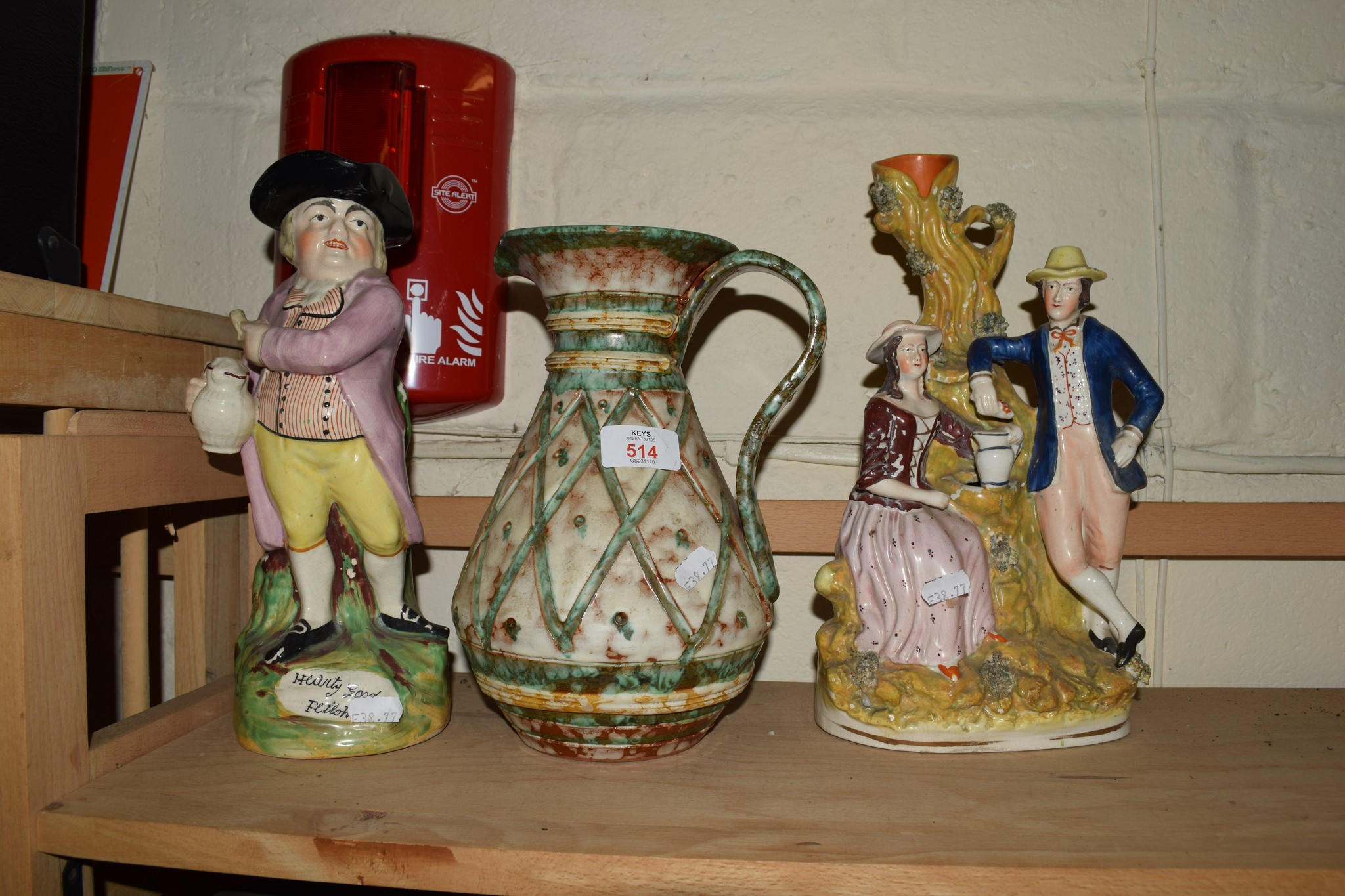 STAFFORDSHIRE GROUP OF FIGURES BY A TREE, FURTHER STAFFORDSHIRE OF JOLLY TOBY AND AN ITALIAN POTTERY