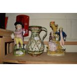 STAFFORDSHIRE GROUP OF FIGURES BY A TREE, FURTHER STAFFORDSHIRE OF JOLLY TOBY AND AN ITALIAN POTTERY