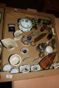 TRAY CONTAINING MAINLY CERAMIC ITEMS INCLUDING OLD CAR BADGE FOR THE BRITISH FIELD SPORTS SOCIETY