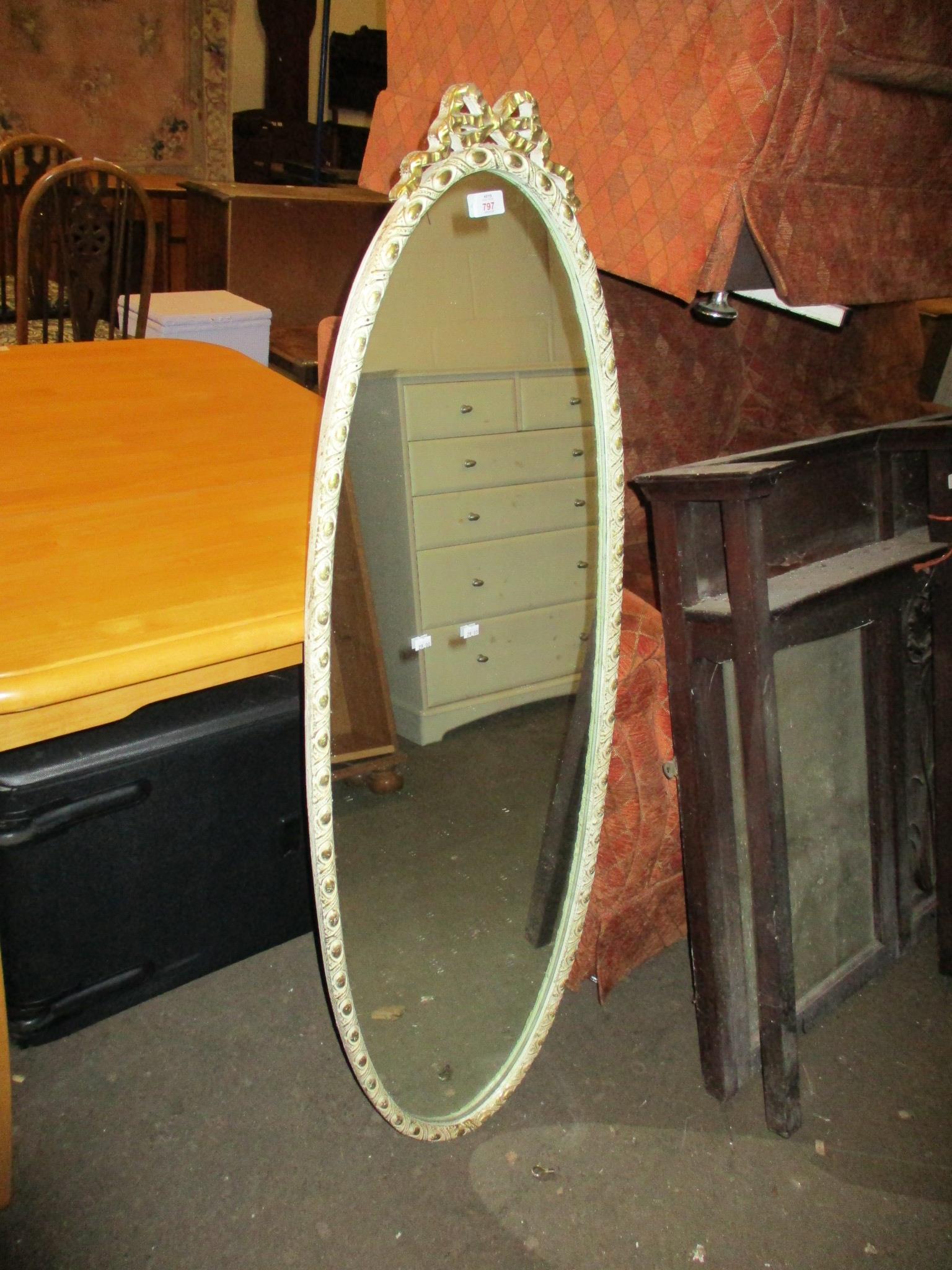 WHITE AND GILT FRAMED OVAL WALL MIRROR, 128CM HIGH