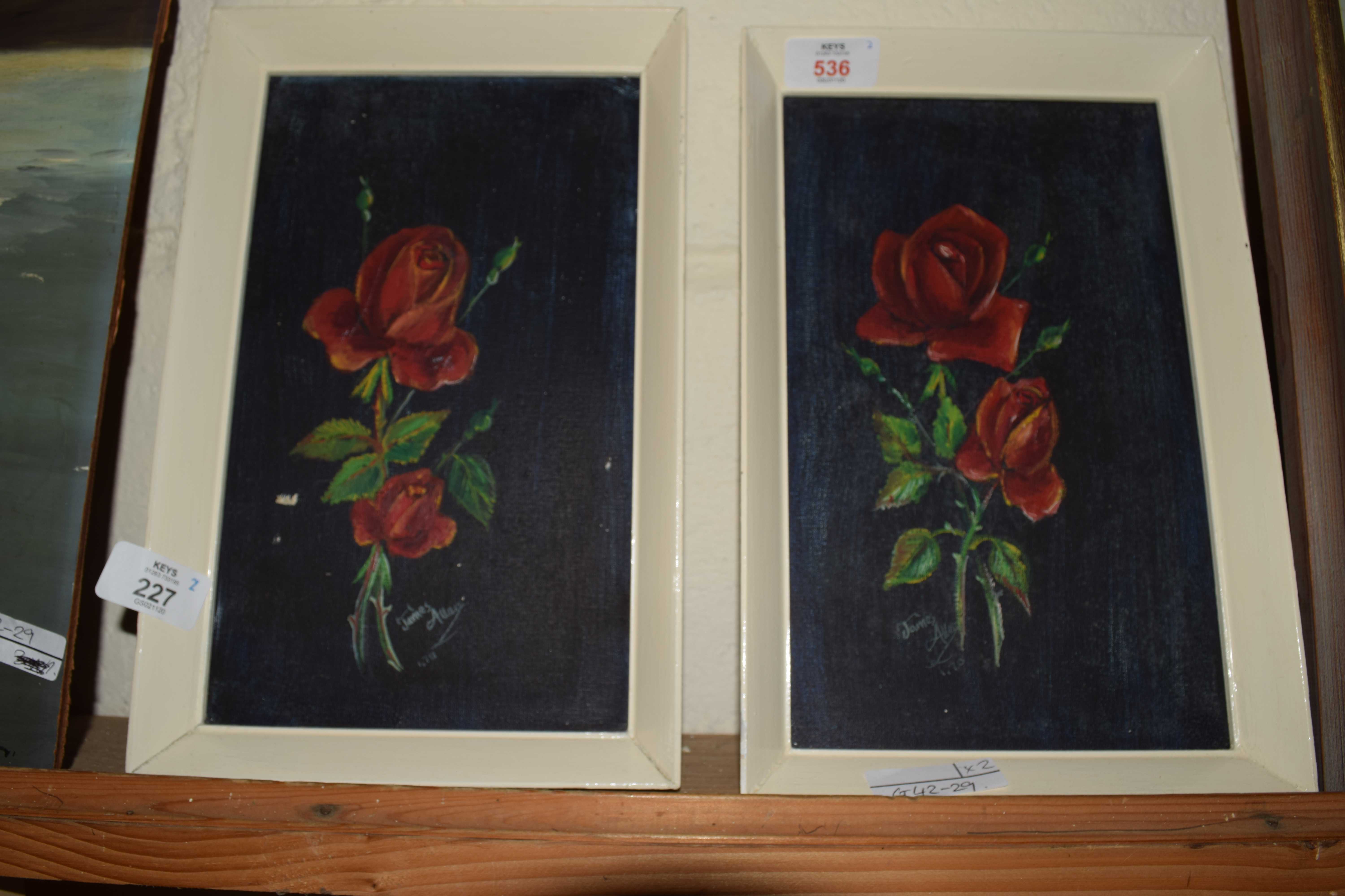 TWO PICTURES OF ROSES ON BLACK GROUND WITHIN WHITE FRAMES