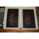 TWO PICTURES OF ROSES ON BLACK GROUND WITHIN WHITE FRAMES