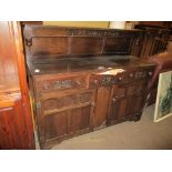 REPRODUCTION OAK SIDEBOARD, THREE DRAWERS CONTAINING VARIOUS STAINLESS STEEL AND PLATED CUTLERY ETC,