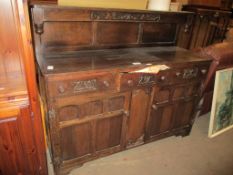 REPRODUCTION OAK SIDEBOARD, THREE DRAWERS CONTAINING VARIOUS STAINLESS STEEL AND PLATED CUTLERY ETC,