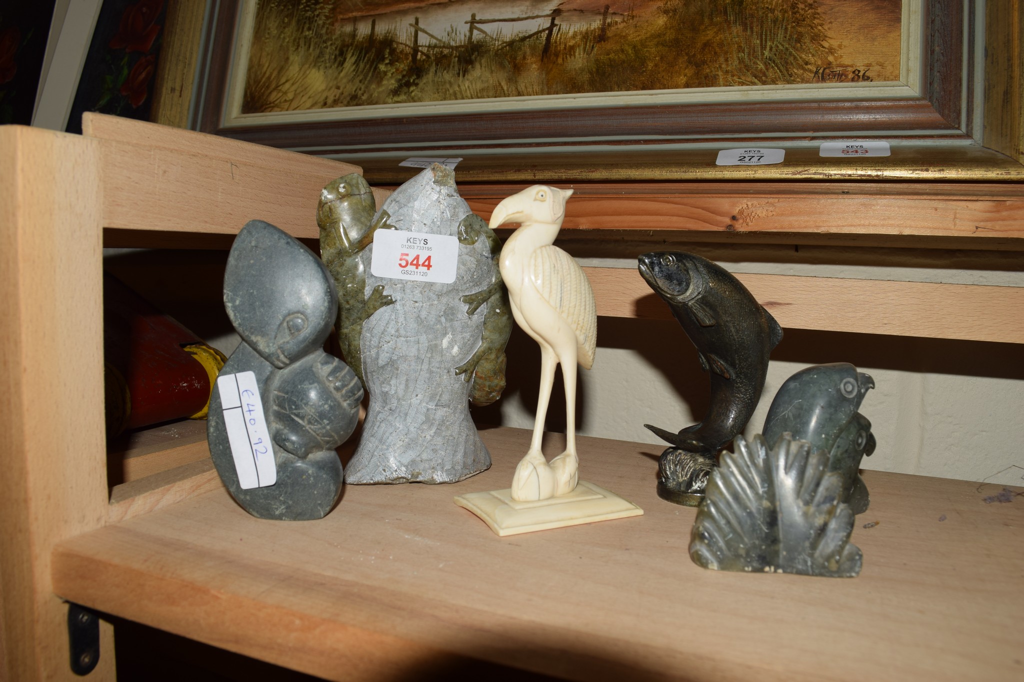 GROUP OF STONE MODELS OF ANIMALS INCLUDING A BONE FIGURE OF AN OSTRICH