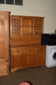 MODERN PINE KITCHEN DRESSER WITH LEADED GLAZED TOP, 135CM WIDE