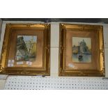 TWO PICTURES OF VENETIAN SCENES WITH GONDOLAS, IN GILT FRAMES