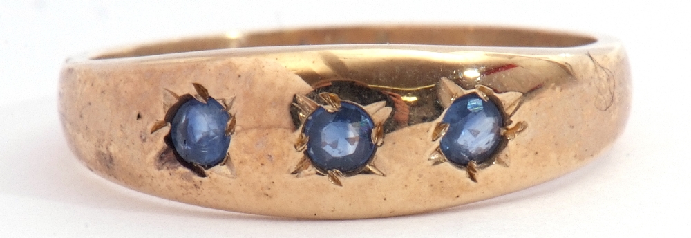 9ct gold sapphire three stone ring, the plain polished design featuring 3 round cut sapphires, - Image 7 of 7
