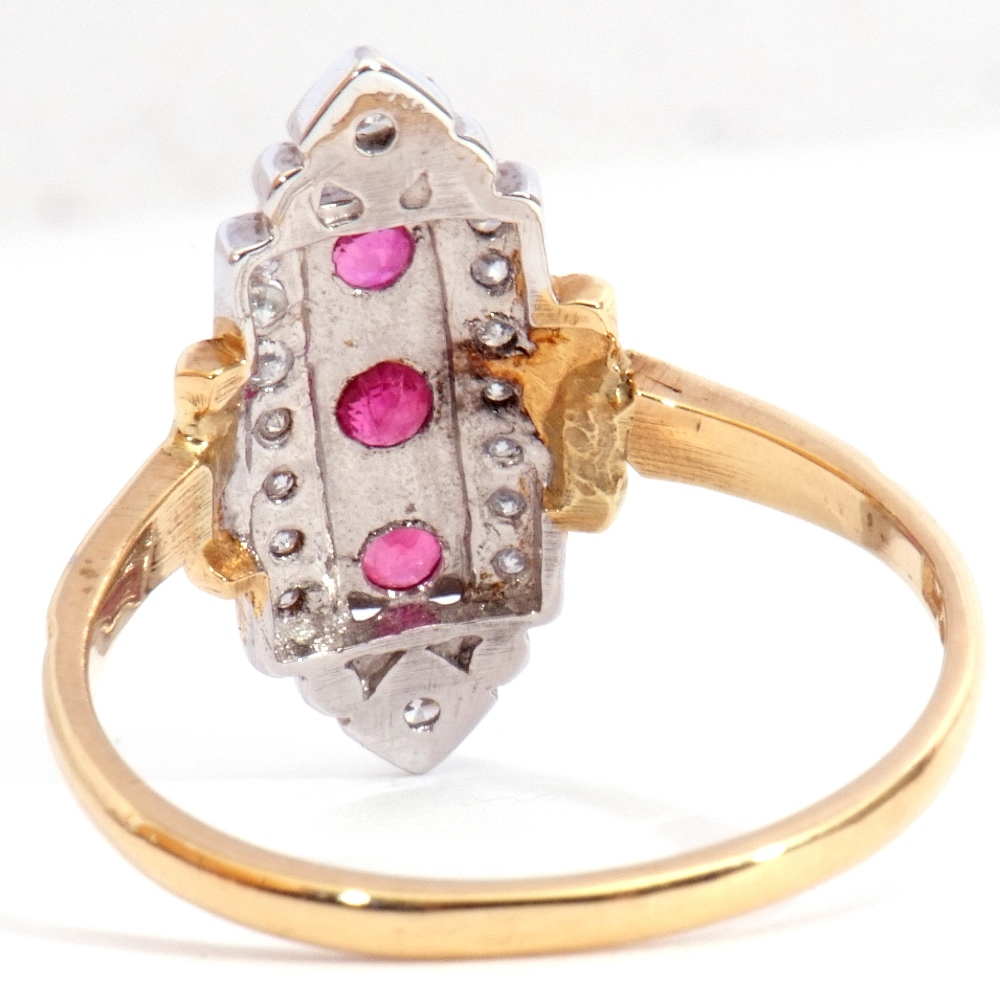 Modern Art Deco style ruby and diamond cluster ring, featuring three round cut rubies surrounded - Image 4 of 5