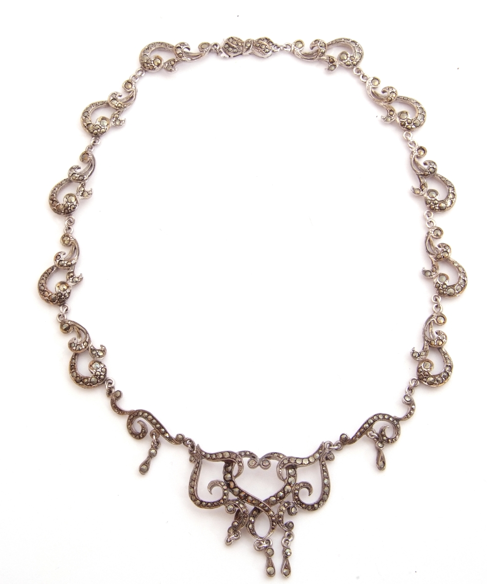 Vintage marcasite set necklace of open work scroll design, 37cm long, stamped "silver" - Image 2 of 5