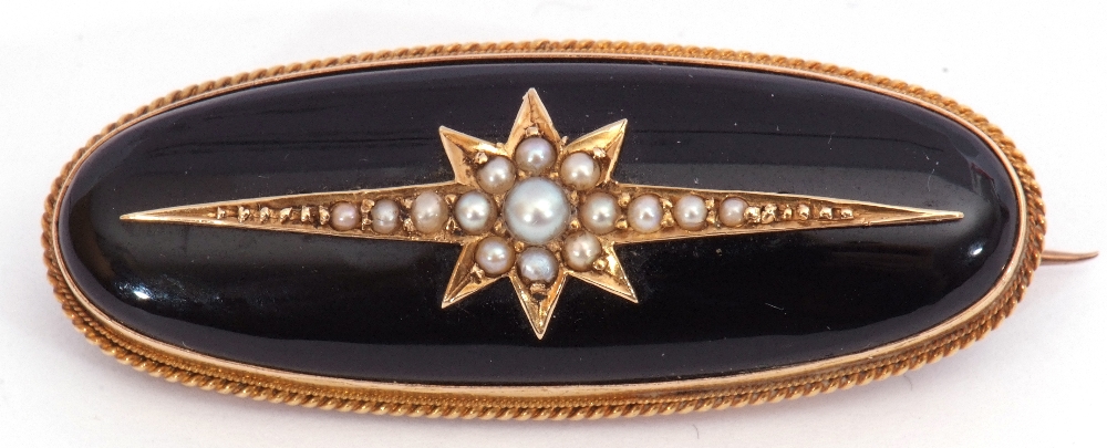 Victorian onyx and pearl brooch of oval form, the slightly curved onyx panel applied with a seed - Image 4 of 4