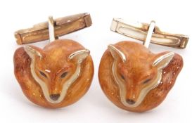Pair of 925 marked enamelled fox head cuff links, painted enamel detail of foxes heads mounted on