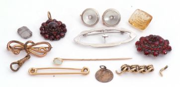 Mixed Lot: opal set stick pin, 15ct stamped pin brooch, Bohemian glass pendant and brooch, pair of