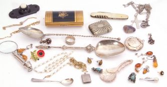 Mixed Lot: Dutch spoon, amber set pendants, plated vesta and spoons, small quantity of costume