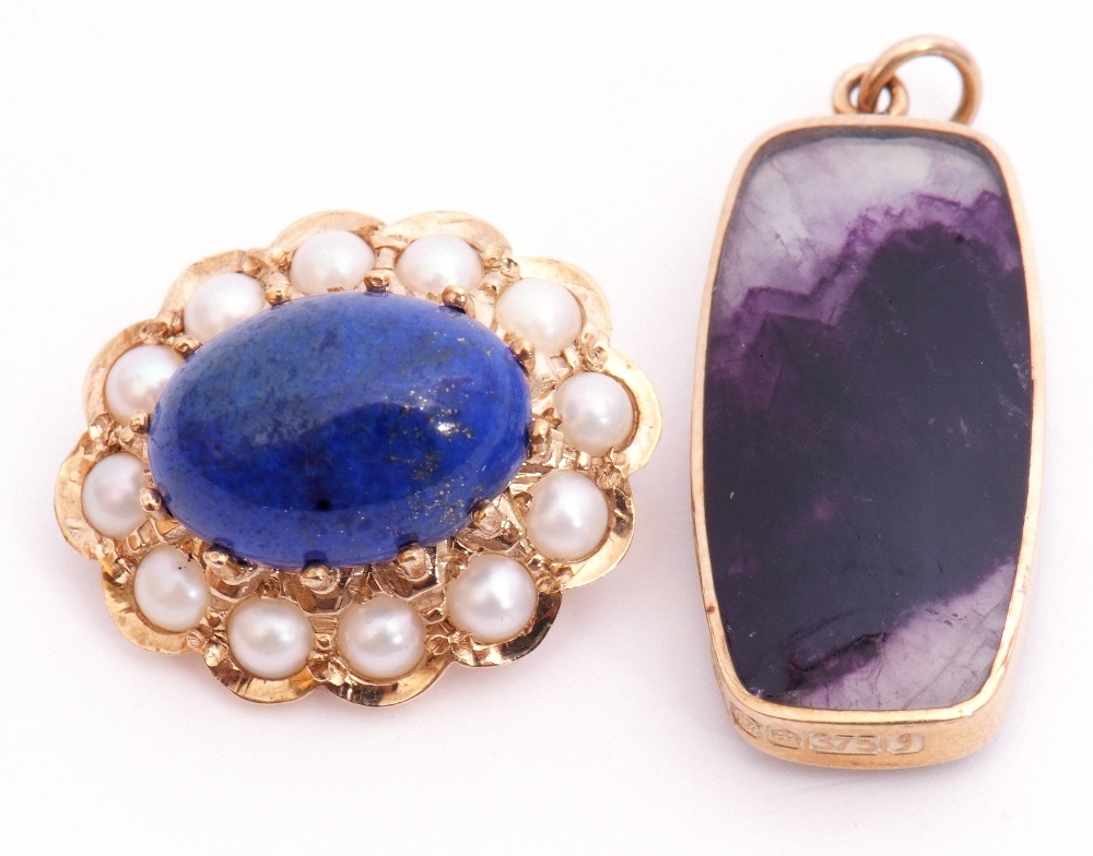 Mixed Lot: 9ct gold lapis lazuli and seed pearl brooch together with a double sided drop pendant, - Image 2 of 4