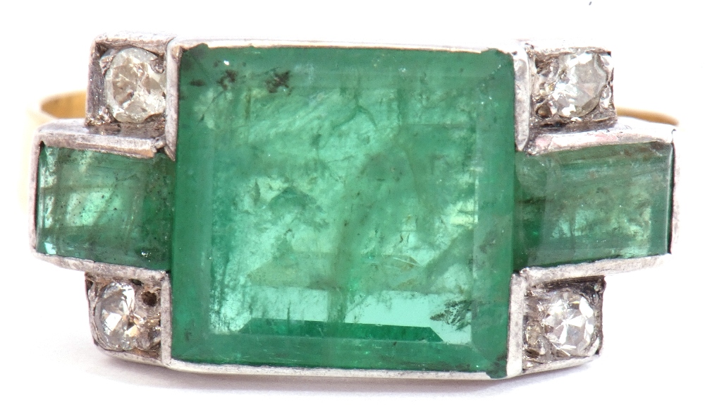 Vintage emerald and diamond set ring, the square emerald 8mm x 8mm between small rectangular cut - Image 2 of 6