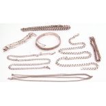 Mixed Lot: silver curb link part watch chain, a long filed curb link chain stamped 925, a 925 curb