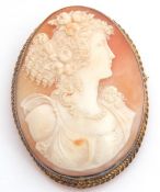 Large oval cameo, the carved shell cameo depicting a classical profile of a lady, 8.5 x 4.5cm,