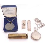 Mixed Lot: hallmarked silver cased pen knife, a silver framed cigar cutter, vintage brass