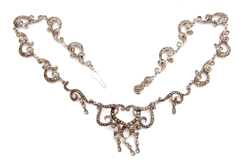 Vintage marcasite set necklace of open work scroll design, 37cm long, stamped "silver" - Image 5 of 5