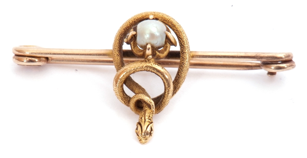 Antique yellow metal "snake" pin brooch, centring a baroque pearl entwined by a snake's body with