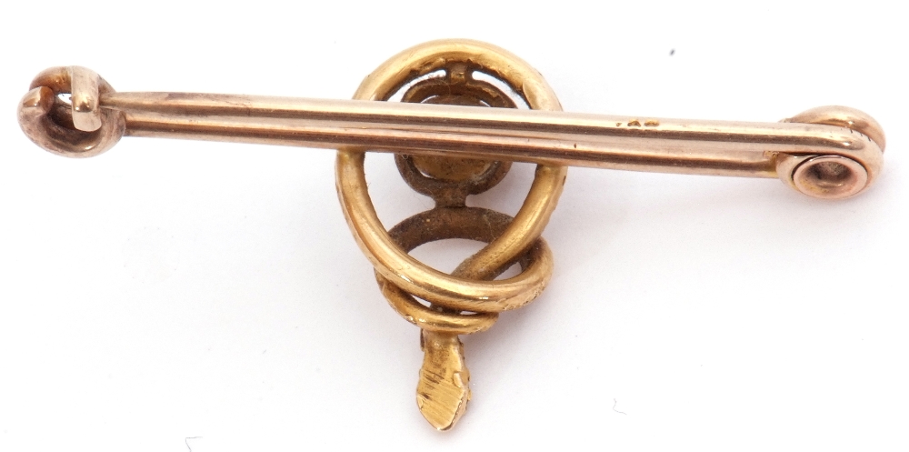 Antique yellow metal "snake" pin brooch, centring a baroque pearl entwined by a snake's body with - Image 3 of 5