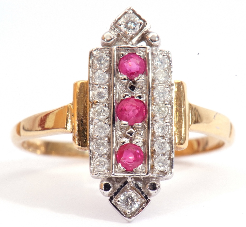 Modern Art Deco style ruby and diamond cluster ring, featuring three round cut rubies surrounded - Image 2 of 5