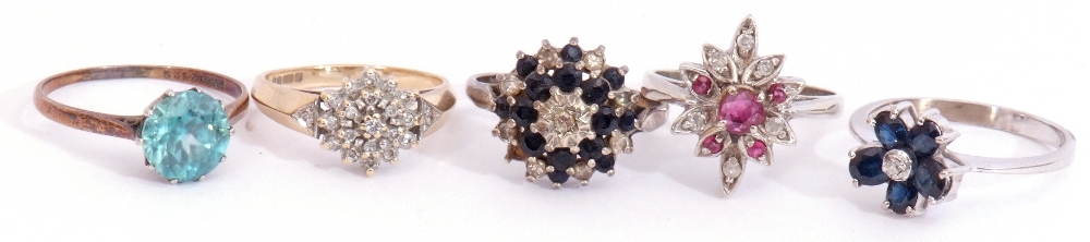 Mixed Lot: five stone set rings, two stamped 9ct to include diamond cluster, two sapphire and