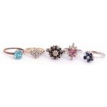Mixed Lot: five stone set rings, two stamped 9ct to include diamond cluster, two sapphire and