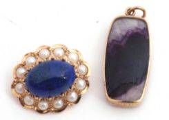 Mixed Lot: 9ct gold lapis lazuli and seed pearl brooch together with a double sided drop pendant,