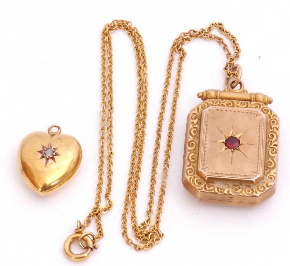 Victorian 9ct gold and garnet set locket of rectangular form, the centre with a small garnet in a - Image 2 of 5