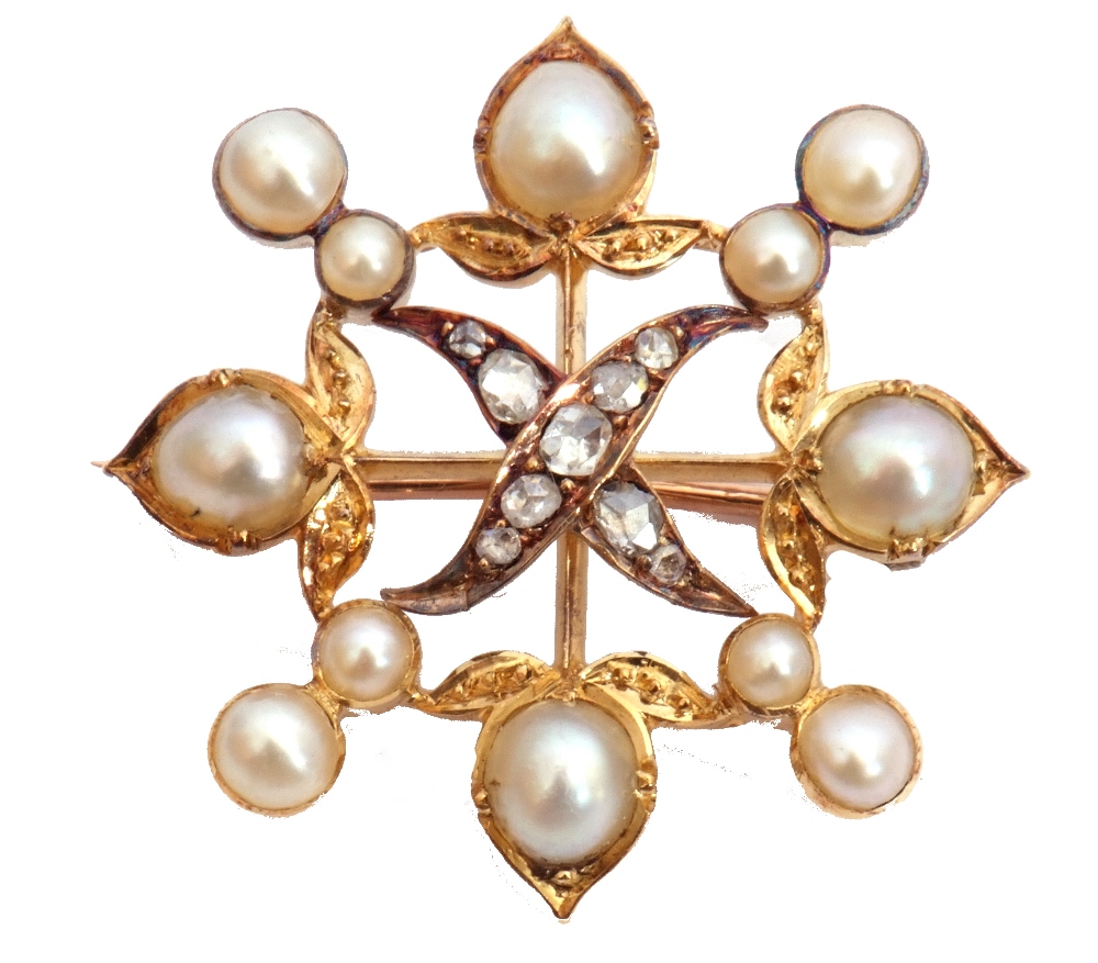 Victorian pearl and diamond brooch of square open work design centring an X-shape, set with - Image 2 of 3