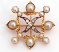 Victorian pearl and diamond brooch of square open work design centring an X-shape, set with