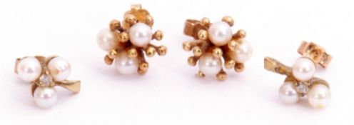 Mixed Lot: pair of 9ct gold pearl and diamond set cluster earrings, a design centring a small