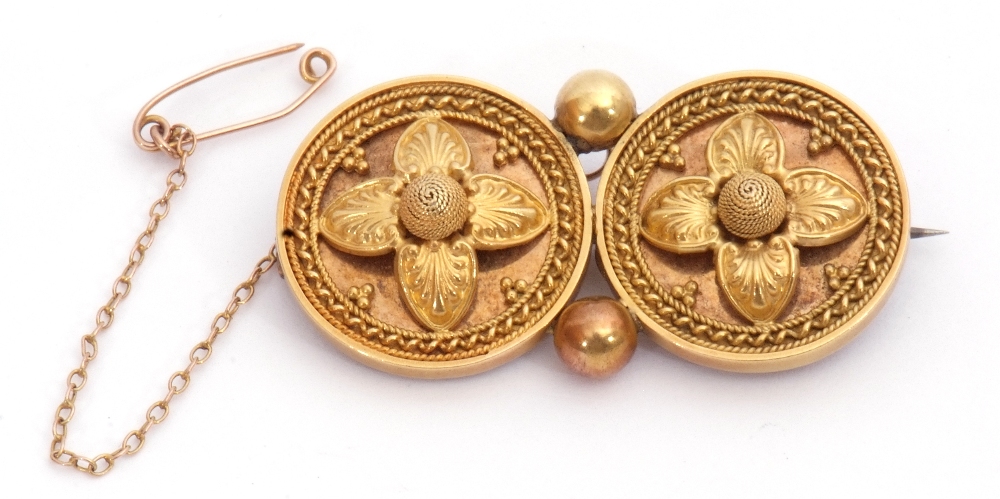 Victorian yellow metal Etruscan brooch, a design featuring two circular discs joined with two beads, - Image 2 of 4