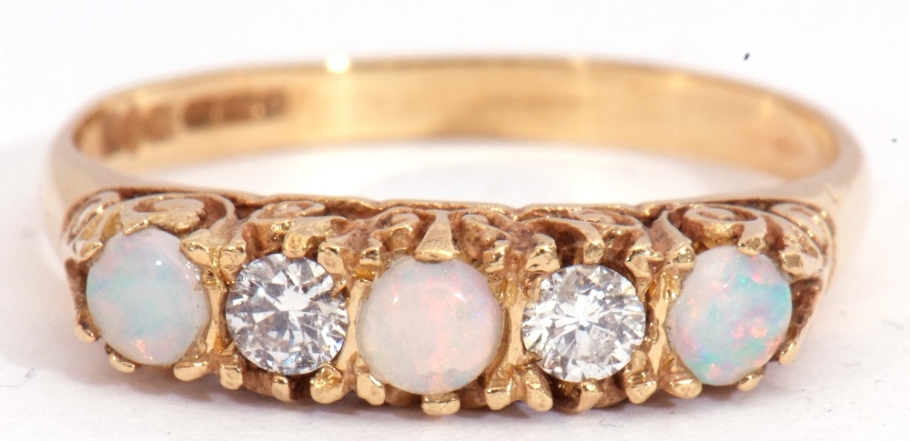 18ct gold opal and diamond five stone ring, alternate set with three round cabochon opals and two - Image 3 of 8