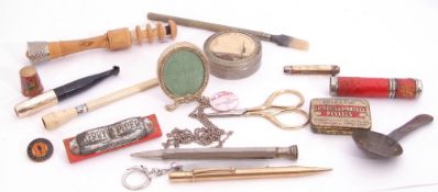 Tray: to include vintage needle case, rolled gold Jeko pencil, two cheroot holders, caddy spoon etc