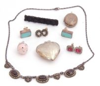 Mixed Lot: vintage sterling and marcasite necklace, a 925 stamped heart locket, an enamelled egg
