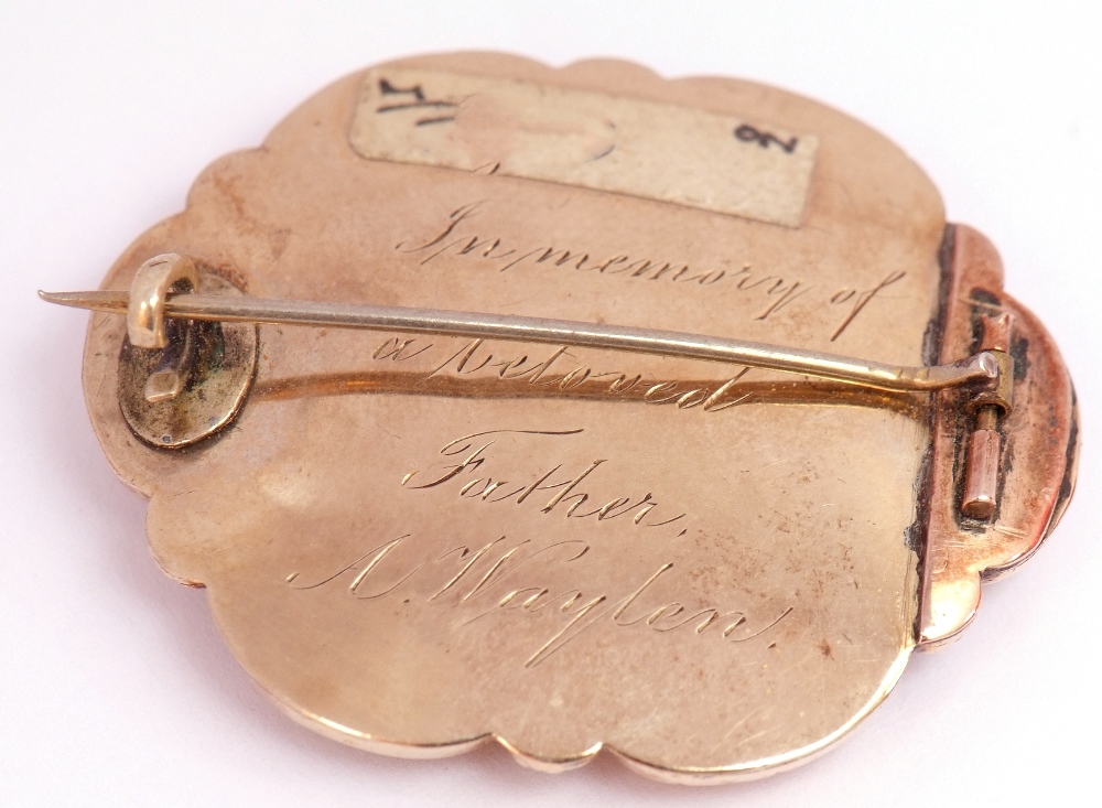 Early Victorian gold, black enamel and seed pearl mourning brooch, the centre with a glazed panel of - Image 4 of 5