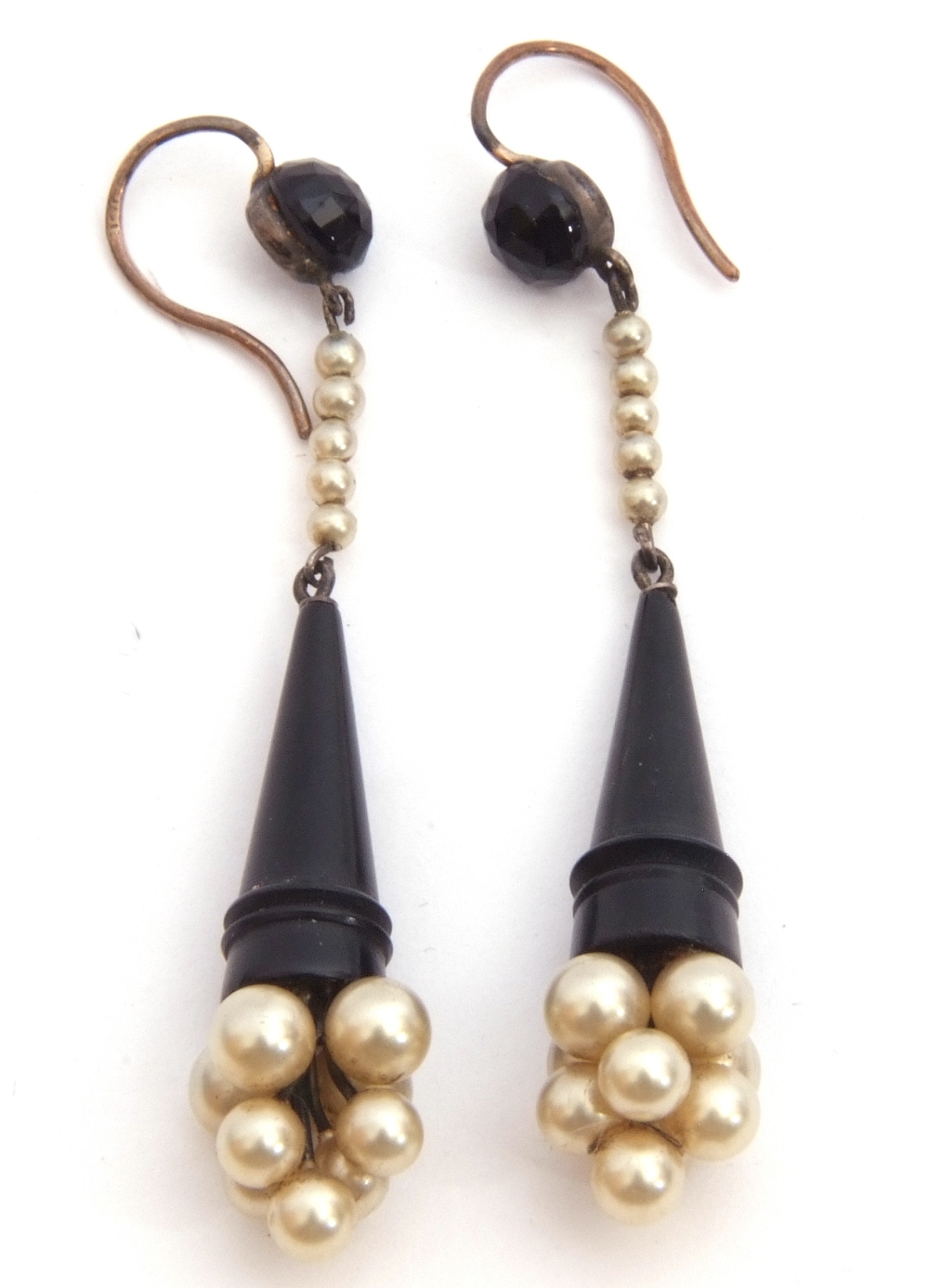 Pair of vintage jet and pearl type cone shaped cluster earrings (a/f)