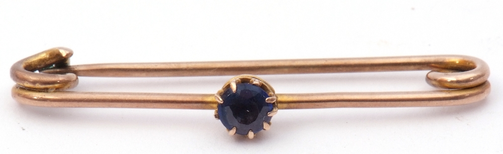 Antique sapphire set pin brooch, the circular shaped sapphire multi-claw set and raised on a - Image 2 of 3