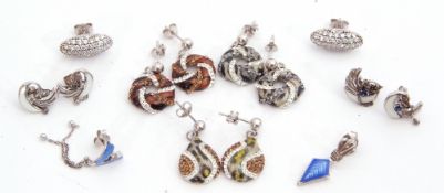 Mixed Lot: six pairs of 925 stamped earrings, paste set, together with two single blue enamel