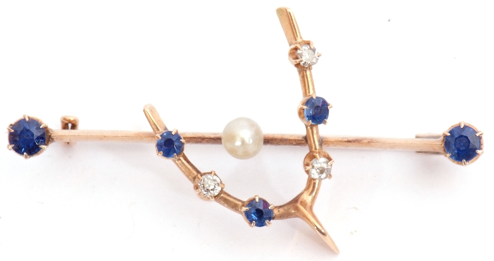 Early 20th century sapphire, diamond and pearl brooch, the knife edge bar centring a small - Image 2 of 4