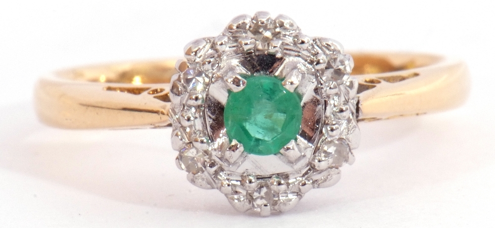 Modern 18ct gold emerald and diamond cluster ring, the round cut emerald four claw set and raised - Image 7 of 7