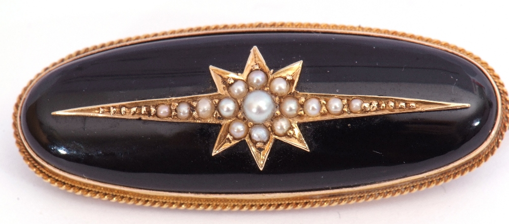 Victorian onyx and pearl brooch of oval form, the slightly curved onyx panel applied with a seed - Image 3 of 4