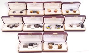 Mixed Lot: ten cased gent's cuff links, two tigers eyes examples, "the groom" and "usher" examples