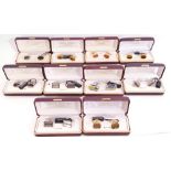 Mixed Lot: ten cased gent's cuff links, two tigers eyes examples, "the groom" and "usher" examples