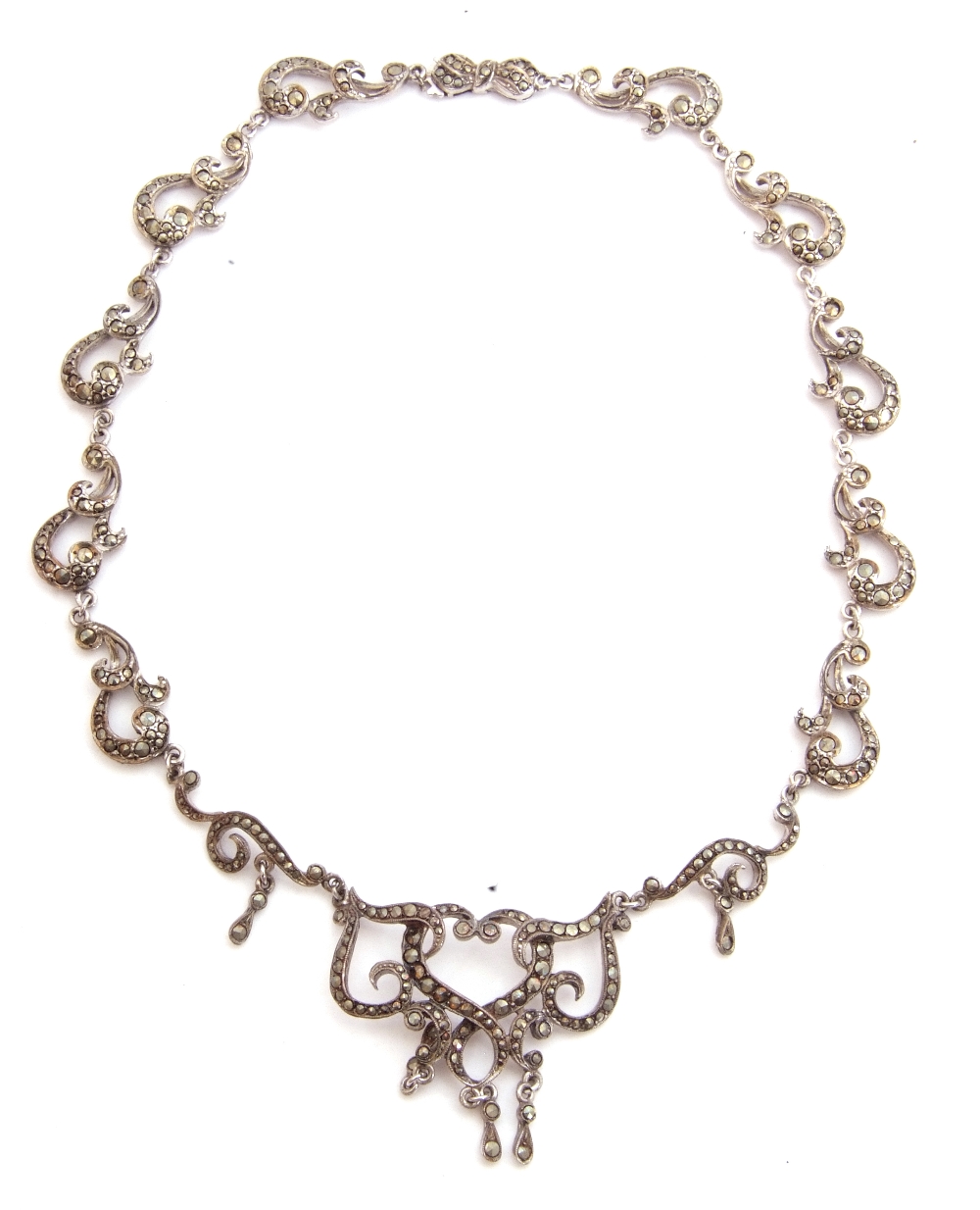 Vintage marcasite set necklace of open work scroll design, 37cm long, stamped "silver" - Image 3 of 5